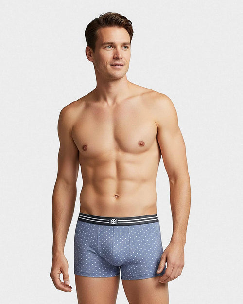 Maison Sarava men's light blue cotton boxer briefs with white micro logo pattern and comfortable elastic waistband.