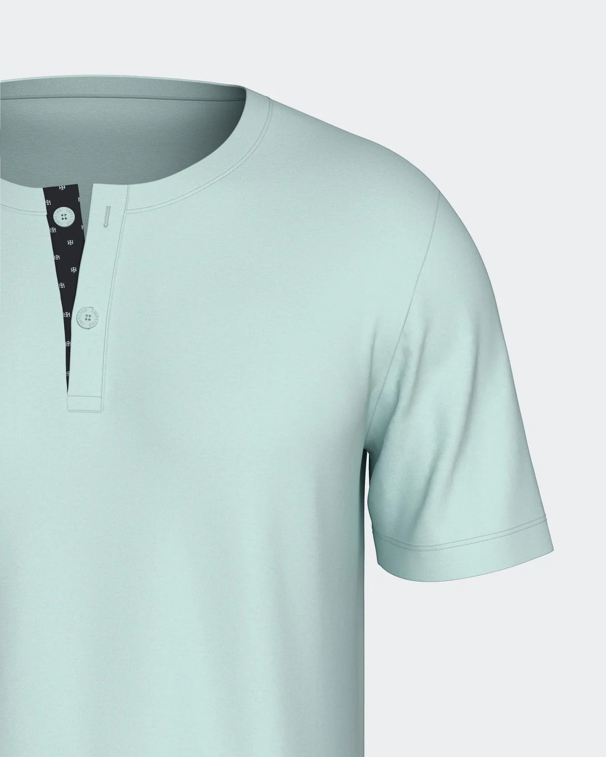 Maison Sarava men's light blue 100% cotton short sleeve henley t-shirt with two-button placket and patterned inner collar.