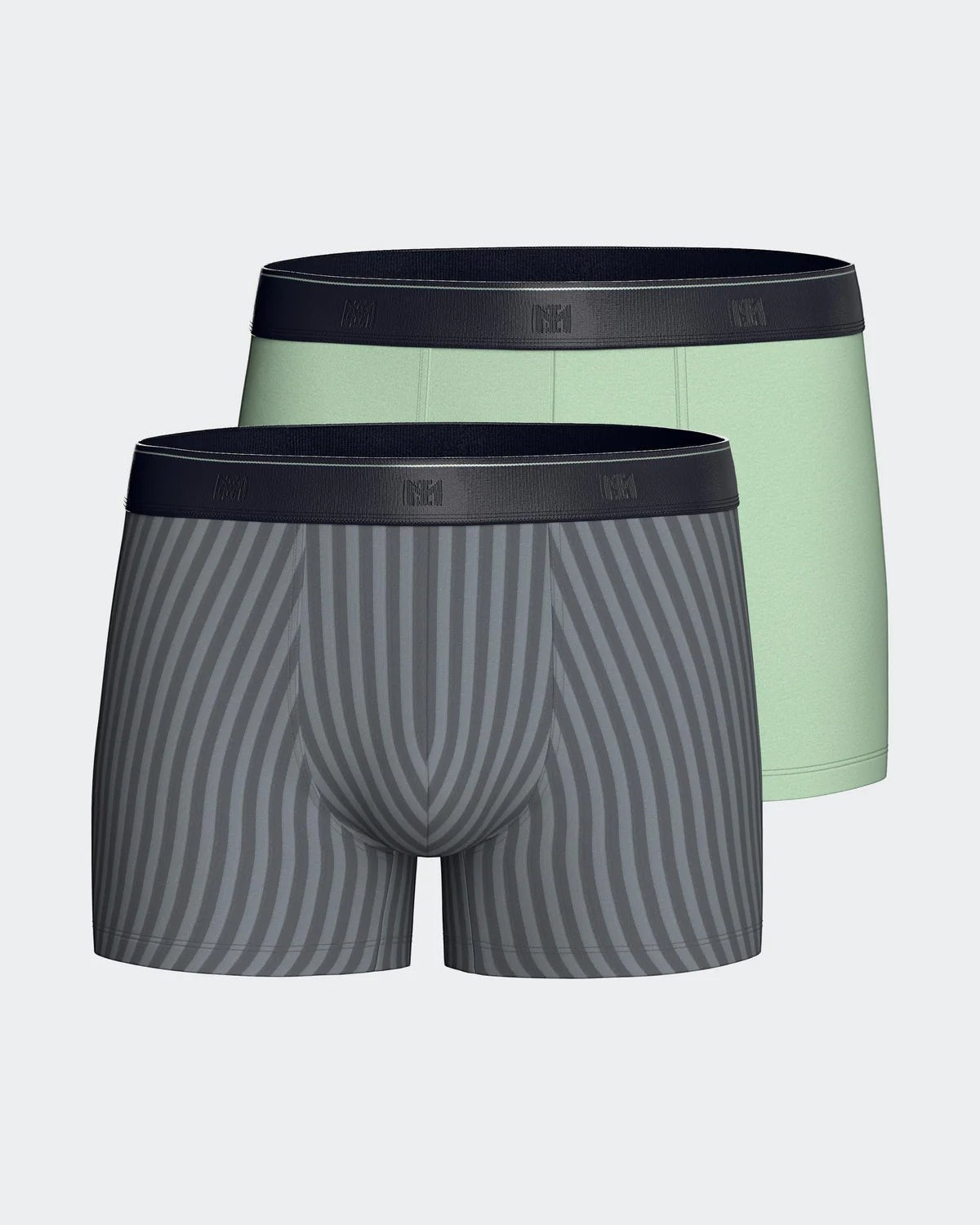 Maison Sarava pack of 2 men's boxers: one grey striped and one light green, made from cotton and TENCEL™ Modal with elasticated waistband.