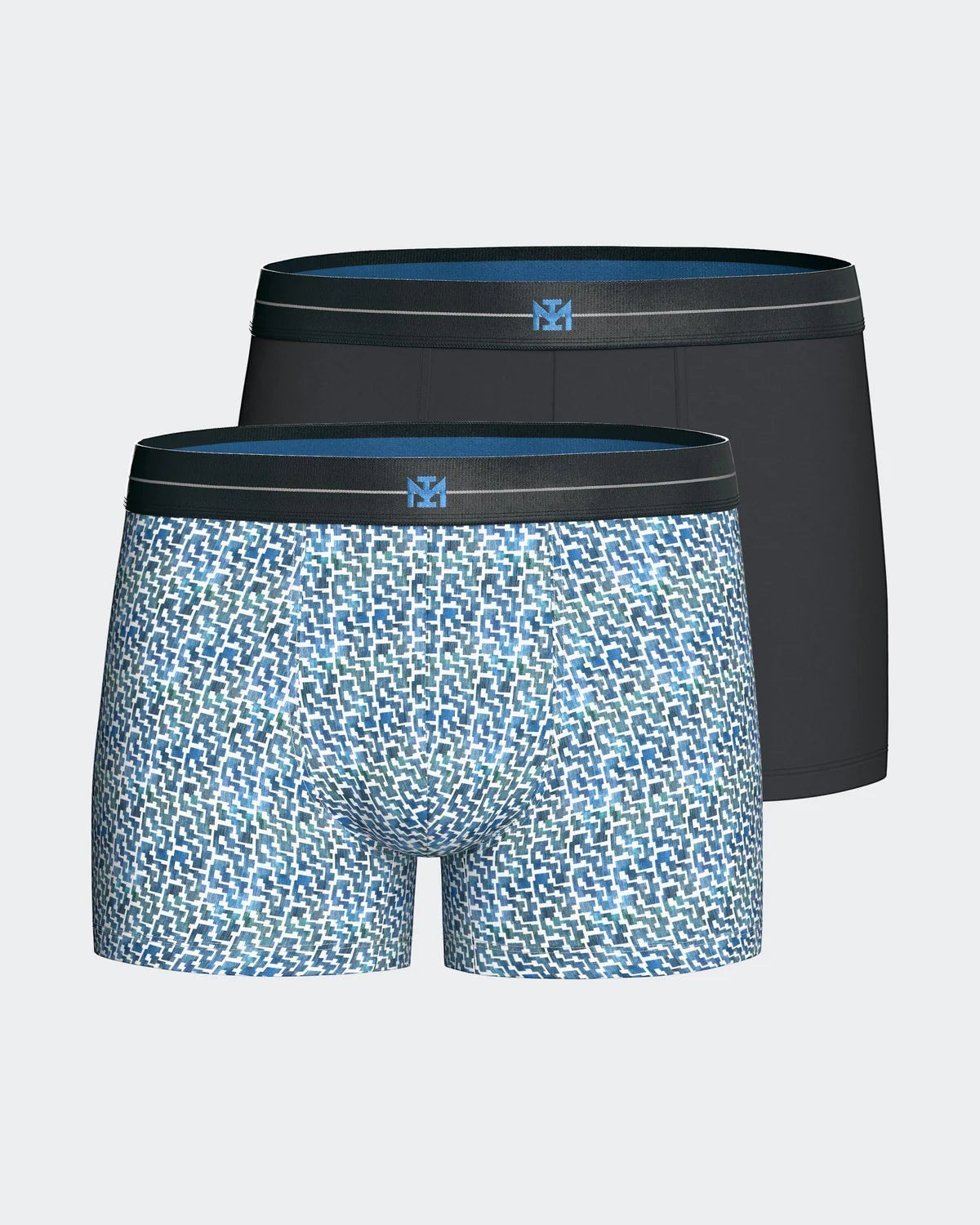 Maison Sarava pack of 2 men's cotton boxer briefs, one with a blue geometric print and one plain black, featuring an elasticated waistband.