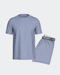 Maison Sarava men's light blue 100% cotton short sleeve lounge set with plain t-shirt and polka dot shorts.