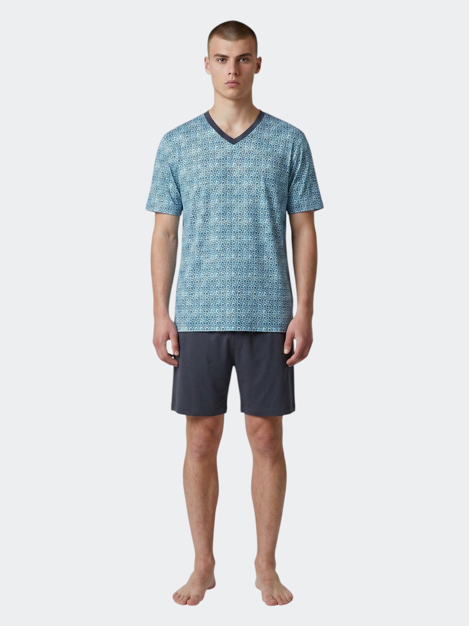 Maison Sarava men's blue geometric print V-neck t-shirt and navy shorts lounge set, 100% cotton.