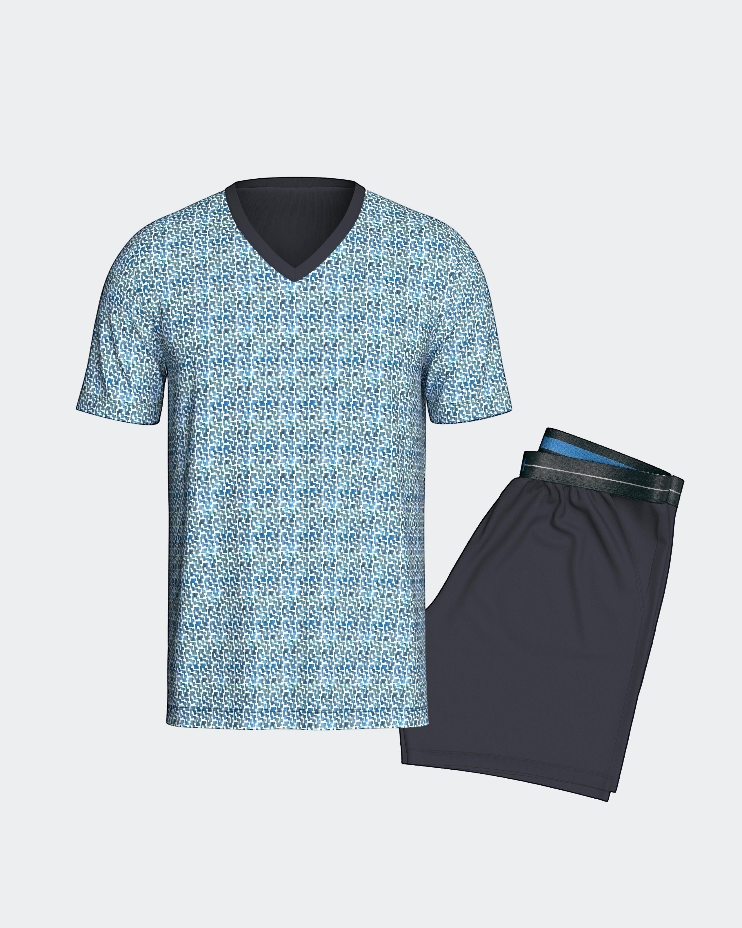 Maison Sarava men's blue geometric print V-neck t-shirt and navy shorts lounge set. 100% cotton.