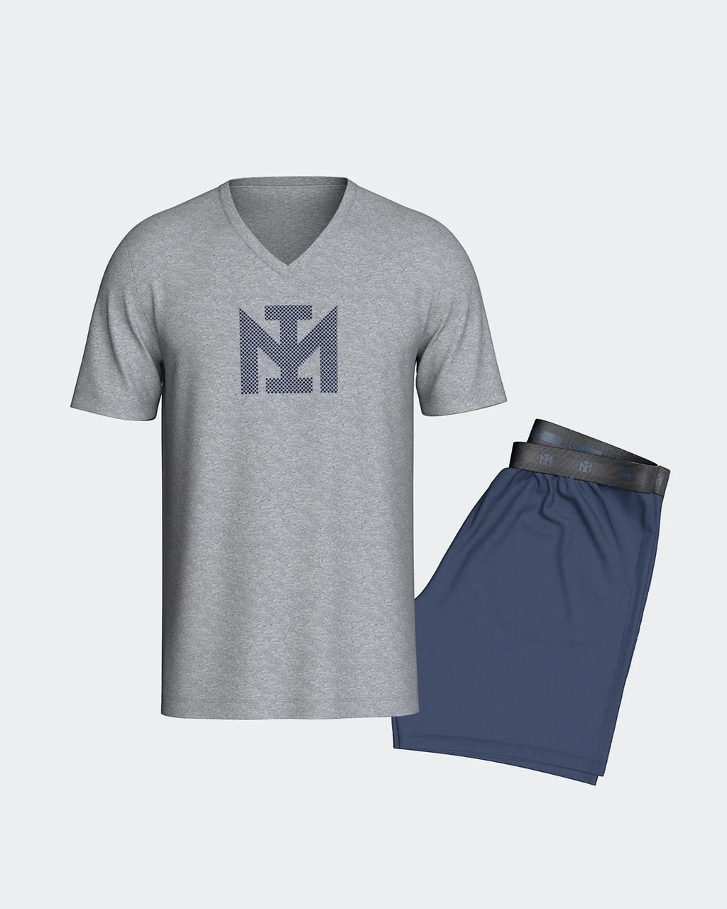 Maison Sarava men's grey V-neck cotton t-shirt with navy logo and navy shorts with elasticated waistband.