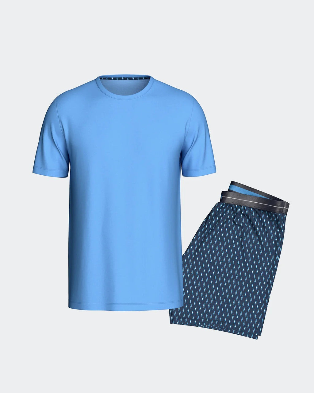 Maison Sarava men's light blue short-sleeve cotton t-shirt and navy geometric print shorts loungewear set.