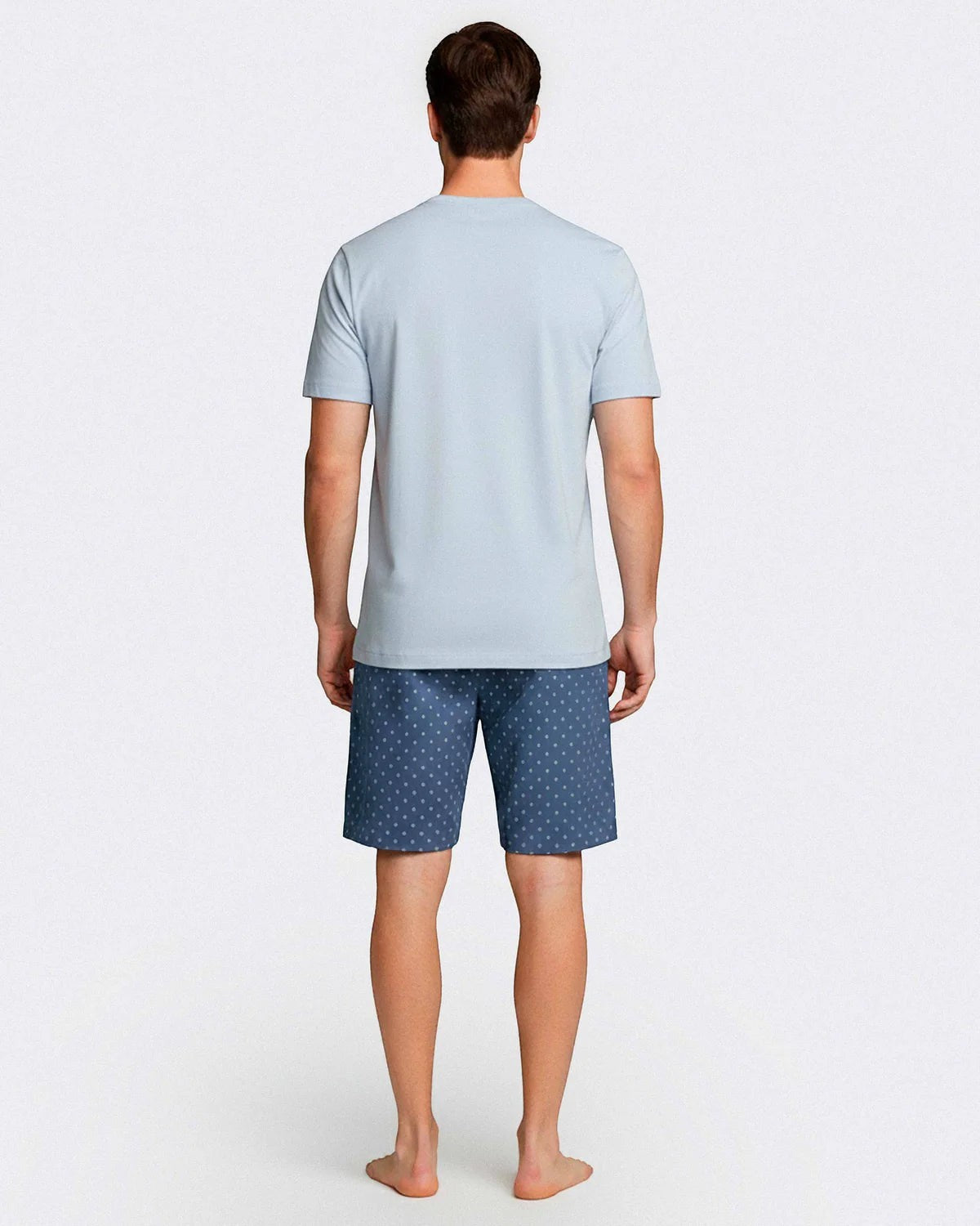 Maison Sarava men's light blue cotton t-shirt and blue geometric print shorts loungewear set.