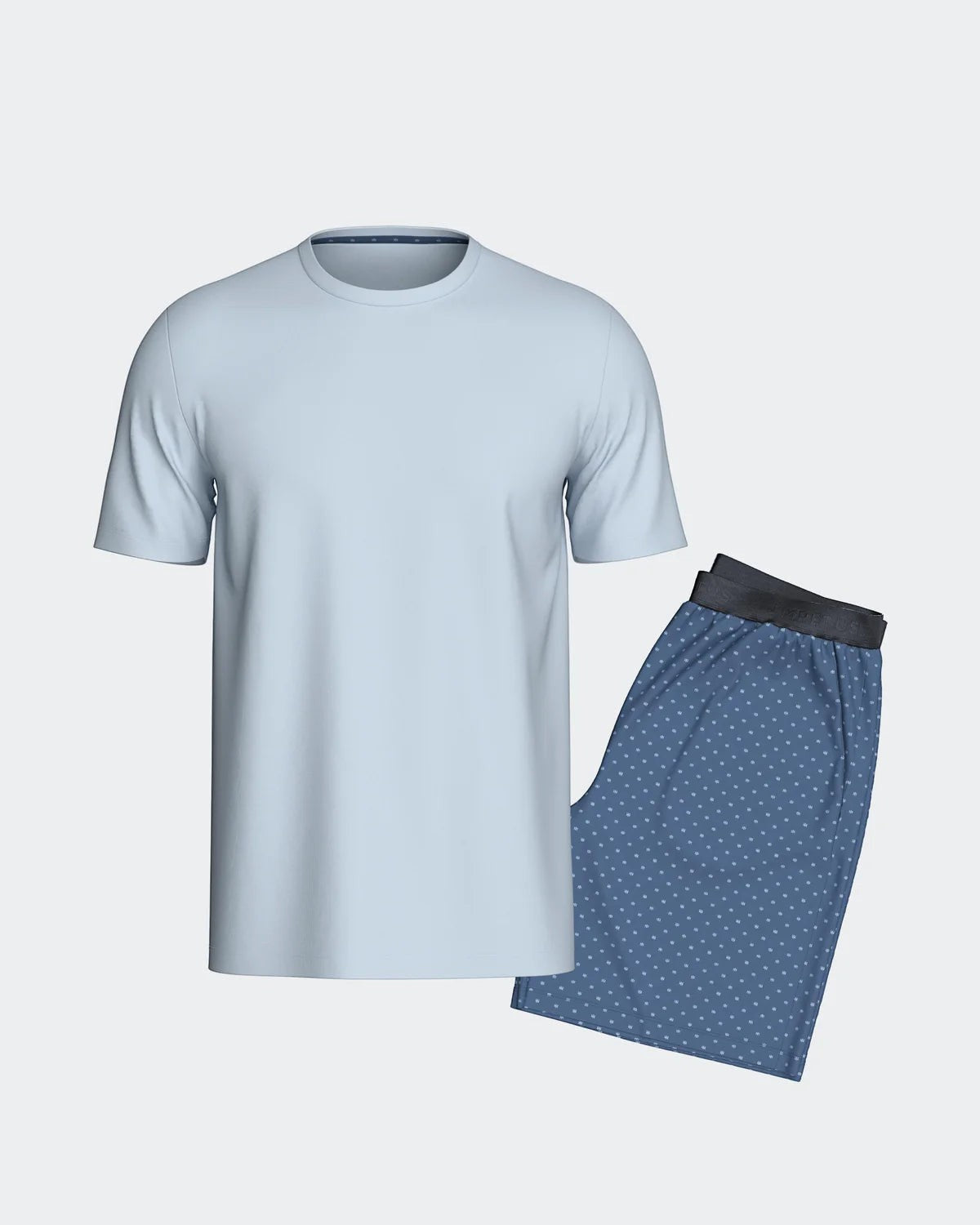 Maison Sarava light blue 100% cotton t-shirt and blue geometric print shorts loungewear set for men.