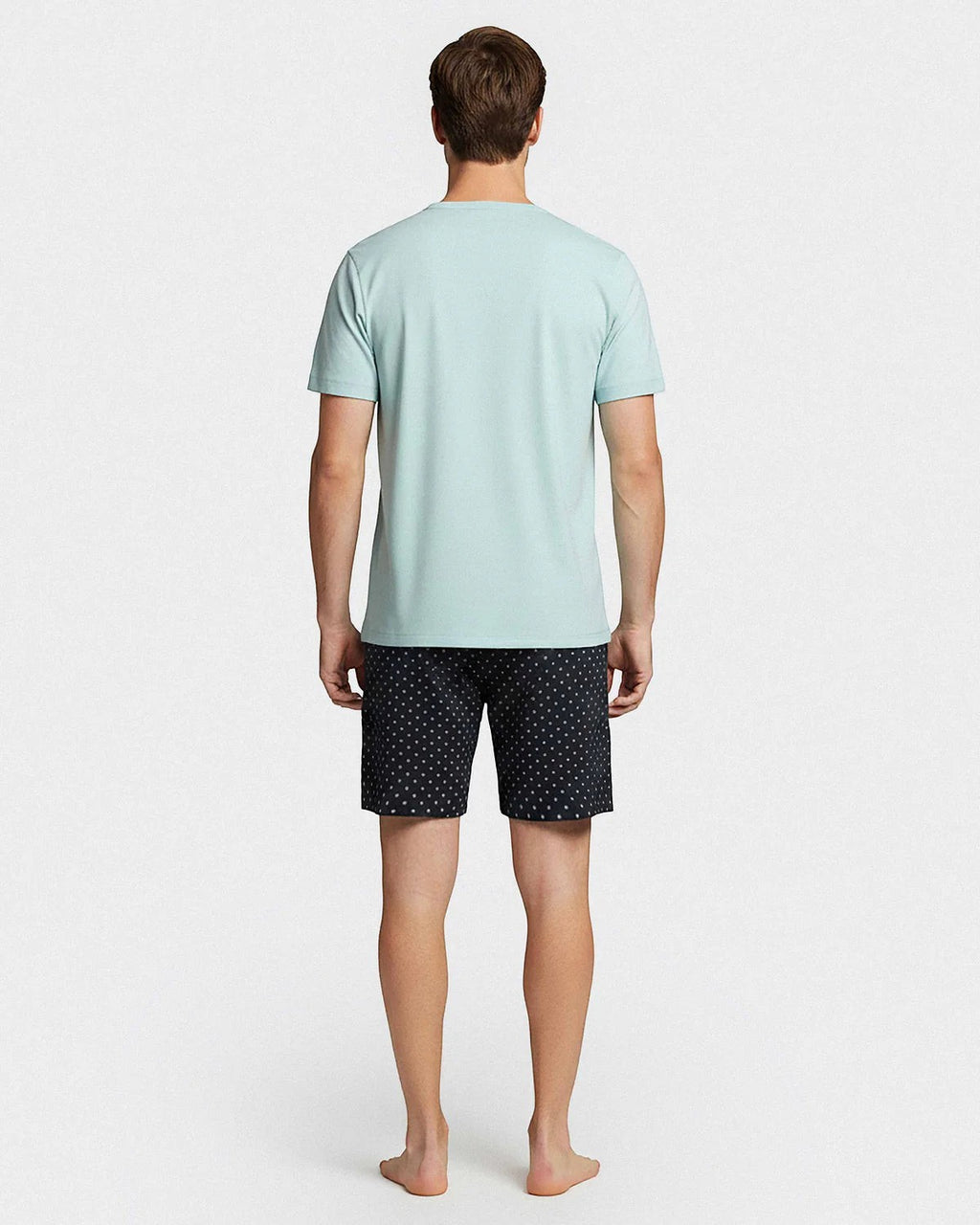Maison Sarava men's light blue cotton t-shirt and navy micro-logo pattern shorts loungewear set.