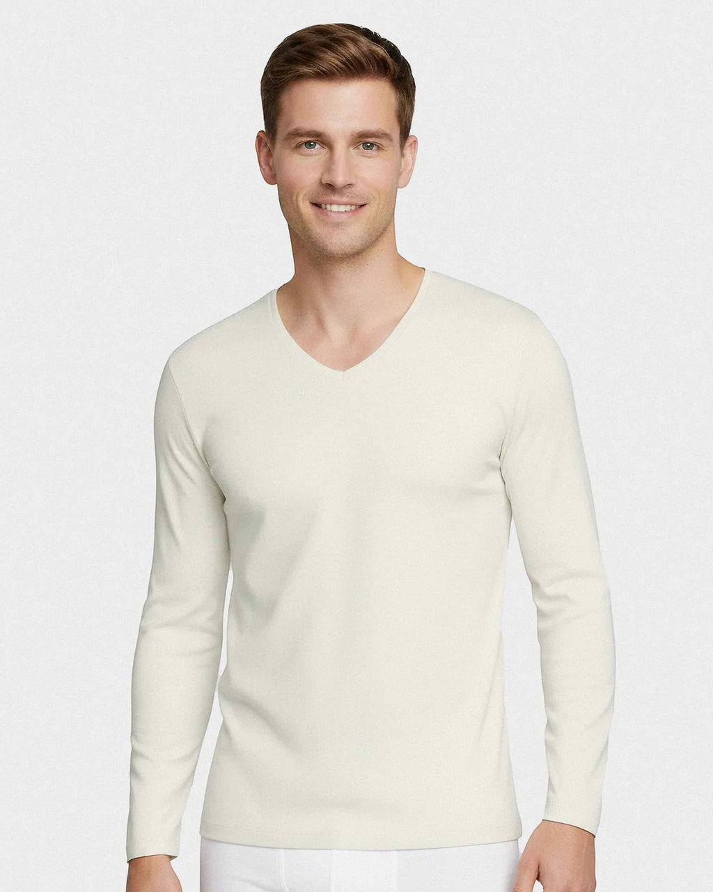 Maison Sarava men's cream V-neck long-sleeved t-shirt made from premium wool and Lyocell for thermal comfort and breathability.