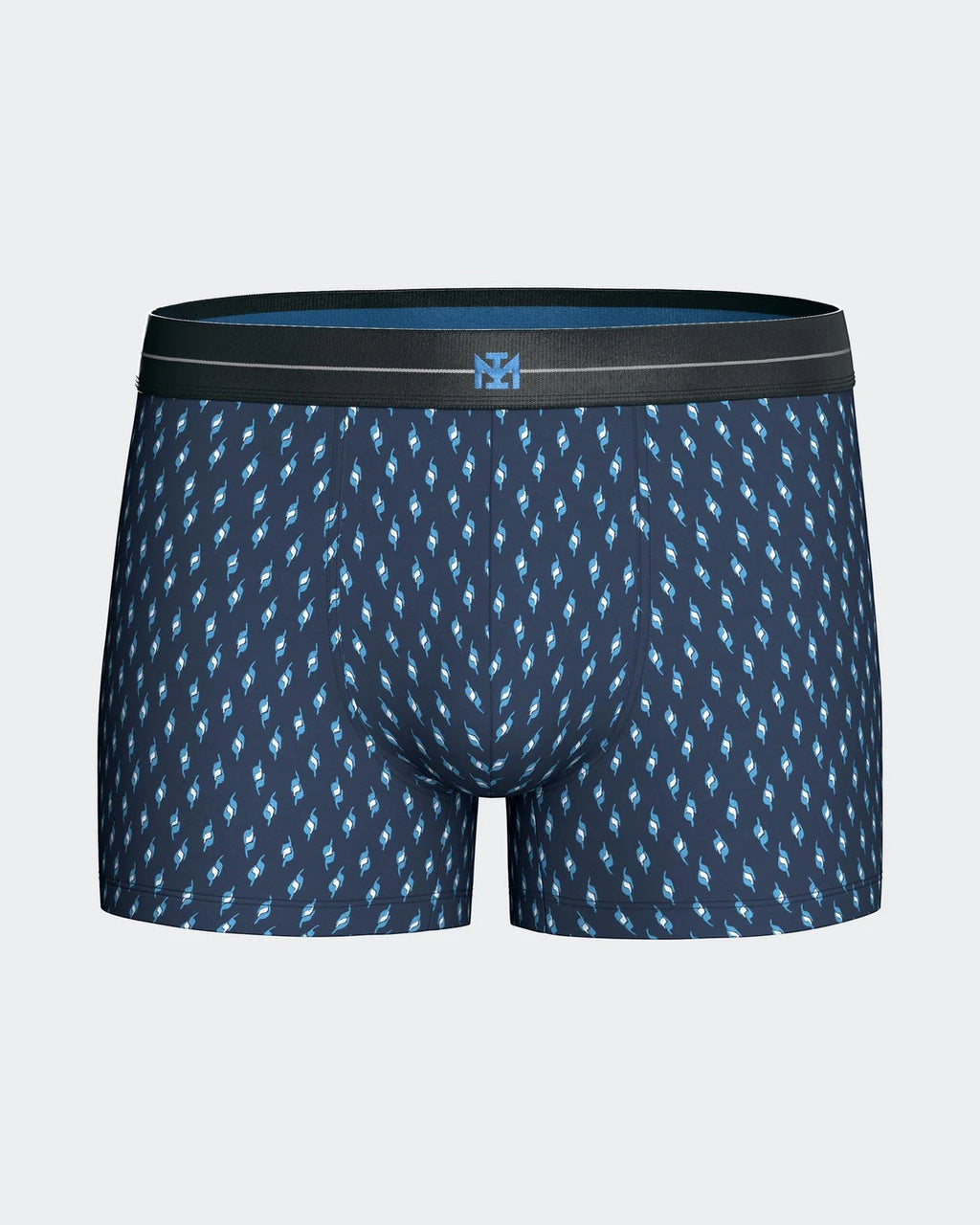 Maison Sarava men's navy blue boxer briefs with a repeating geometric print in shades of blue and white. Features a comfortable elasticated waistband with a logo.