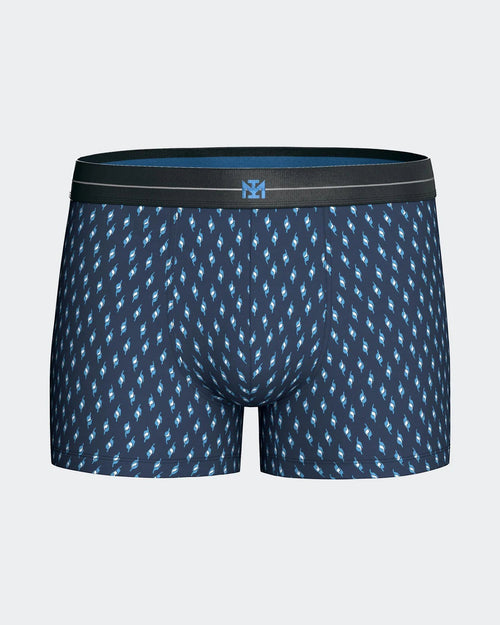 Maison Sarava men's navy blue boxer briefs with a repeating geometric print in shades of blue and white. Features a comfortable elasticated waistband with a logo.
