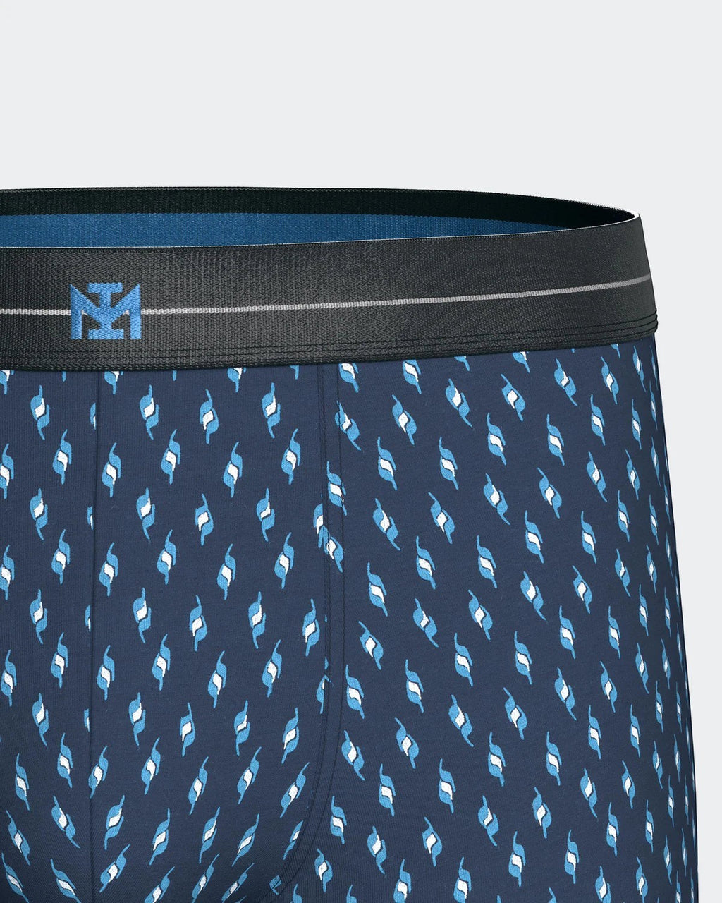 Maison Sarava men's navy boxer briefs with a geometric print in blue and white, featuring an elasticated waistband with embroidered logo.