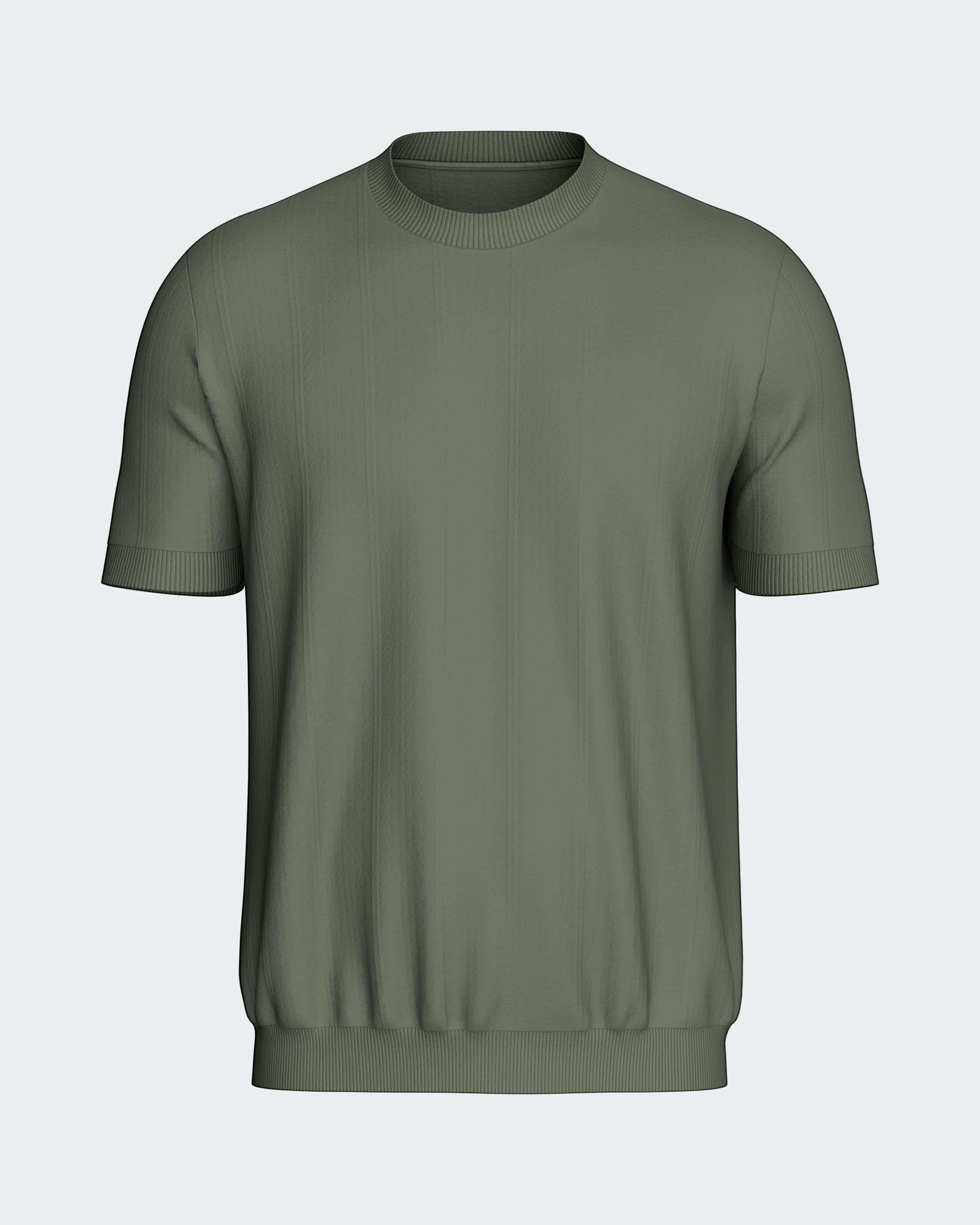Maison Sarava men's olive green knit short sleeve sweater with subtle vertical texture and crew neck.