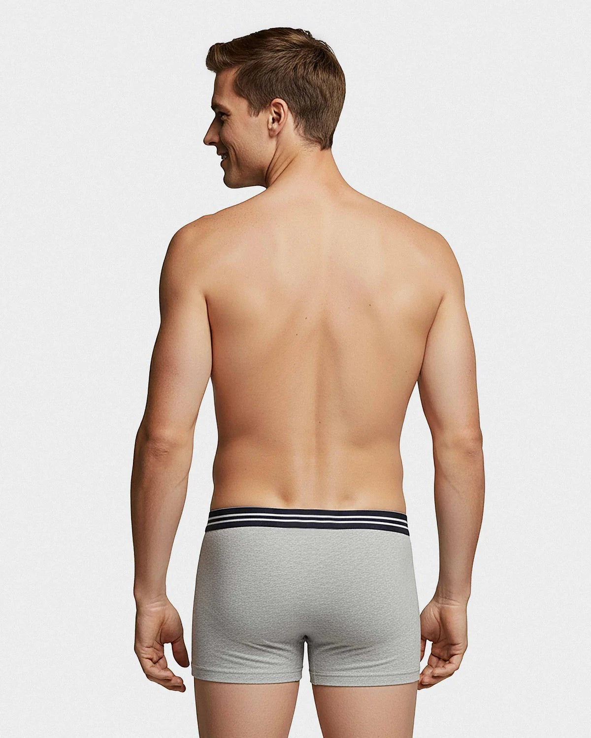 Maison Sarava men's grey cotton boxer briefs with a comfortable knitted waistband featuring navy and white stripes.