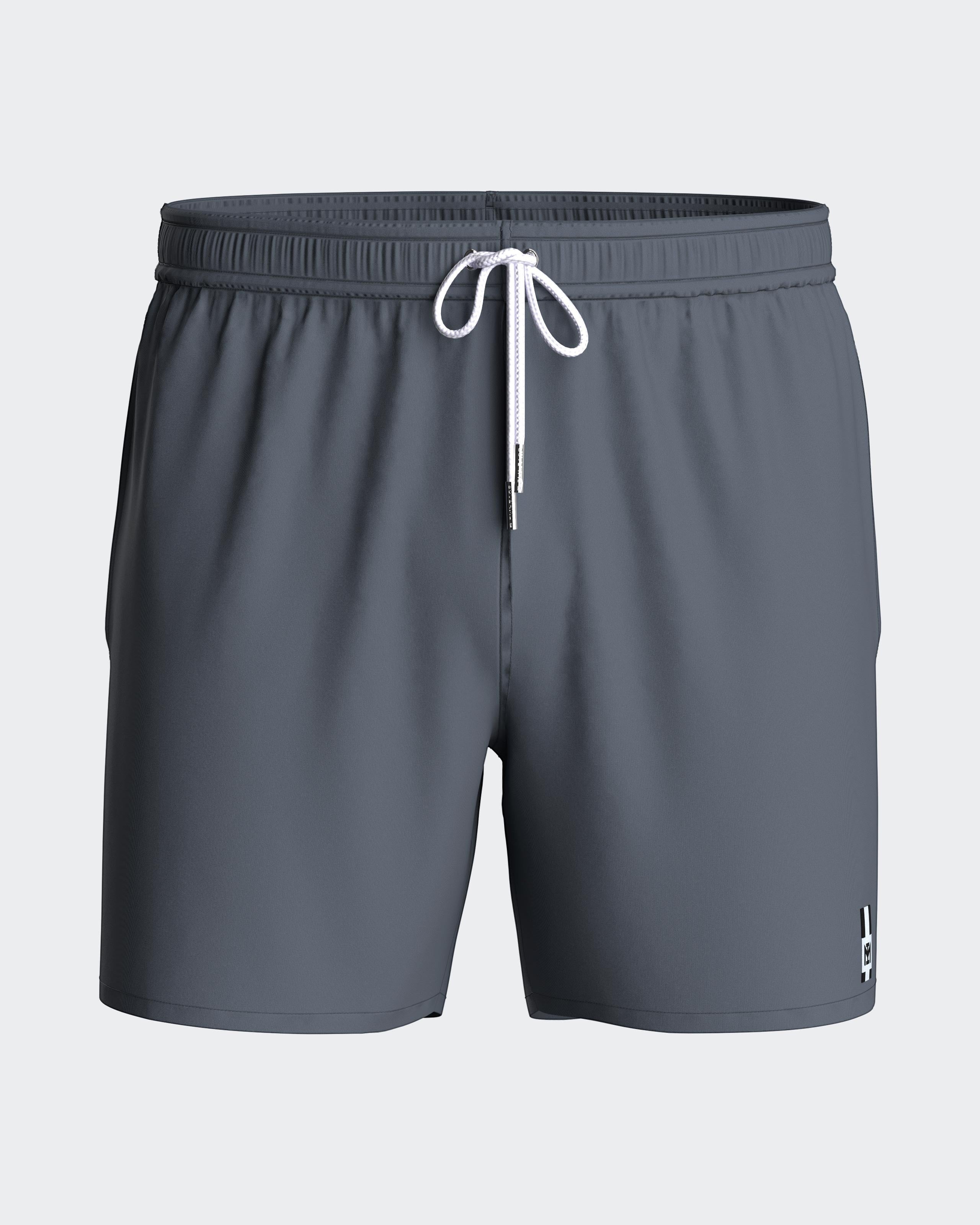 Maison Sarava men's grey polyester swim shorts with adjustable drawstring waist and inner mesh lining.