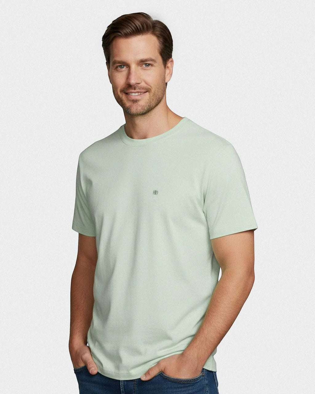 Maison Sarava men's light green cotton t-shirt with round neck and subtle chest embroidery.