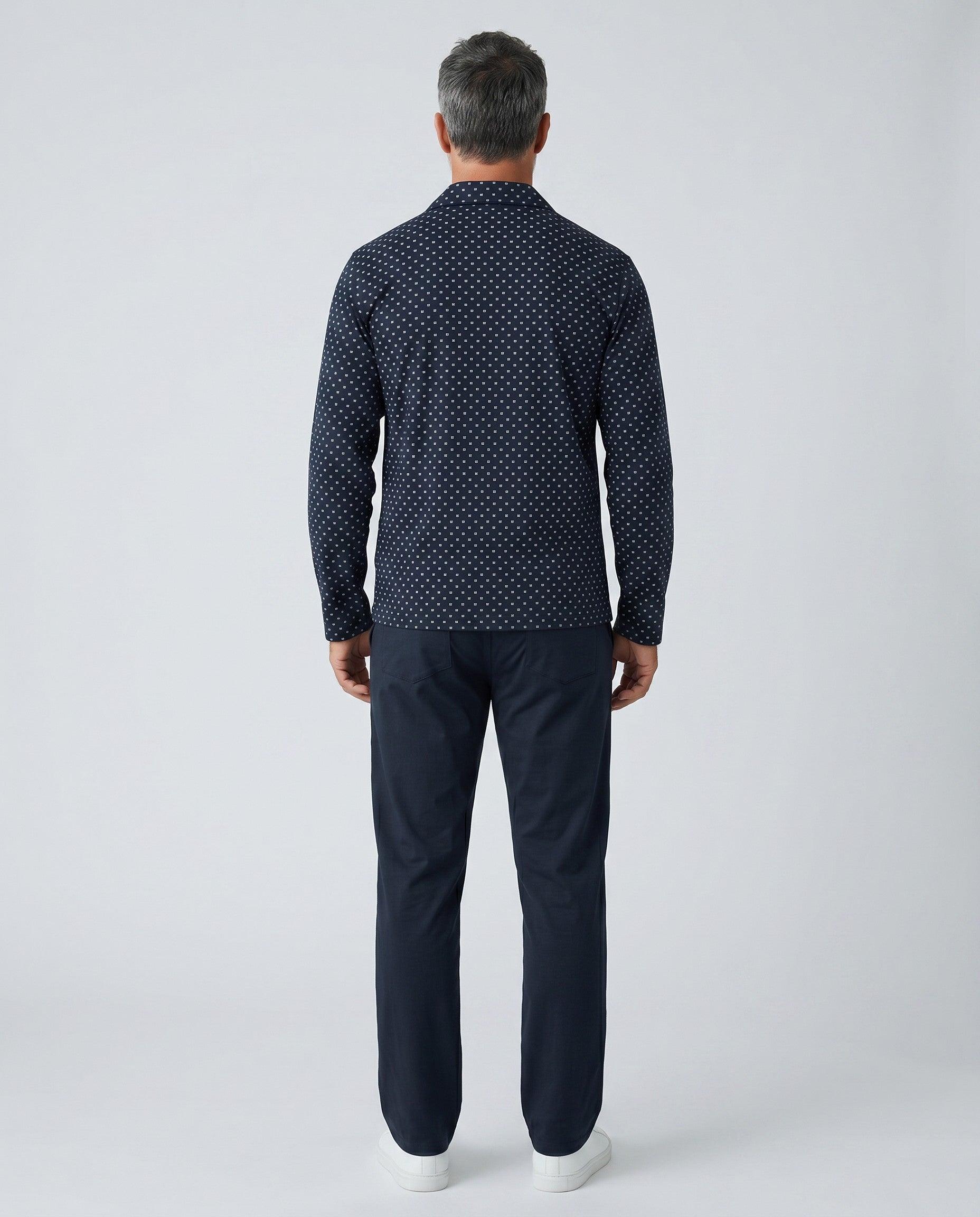 Maison Sarava men's dark grey 100% cotton knit lounge set with micro-print button-down shirt and plain trousers with side pockets.