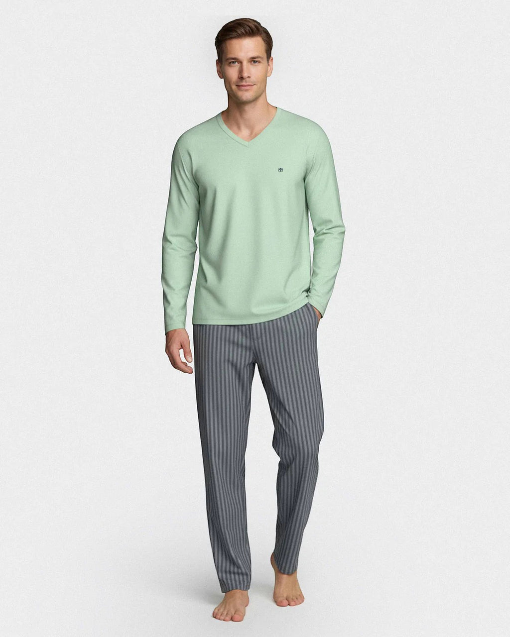 Maison Sarava men's light green V-neck long sleeve top with chest embroidery and grey striped lounge pants. Cotton-TENCEL Modal blend.