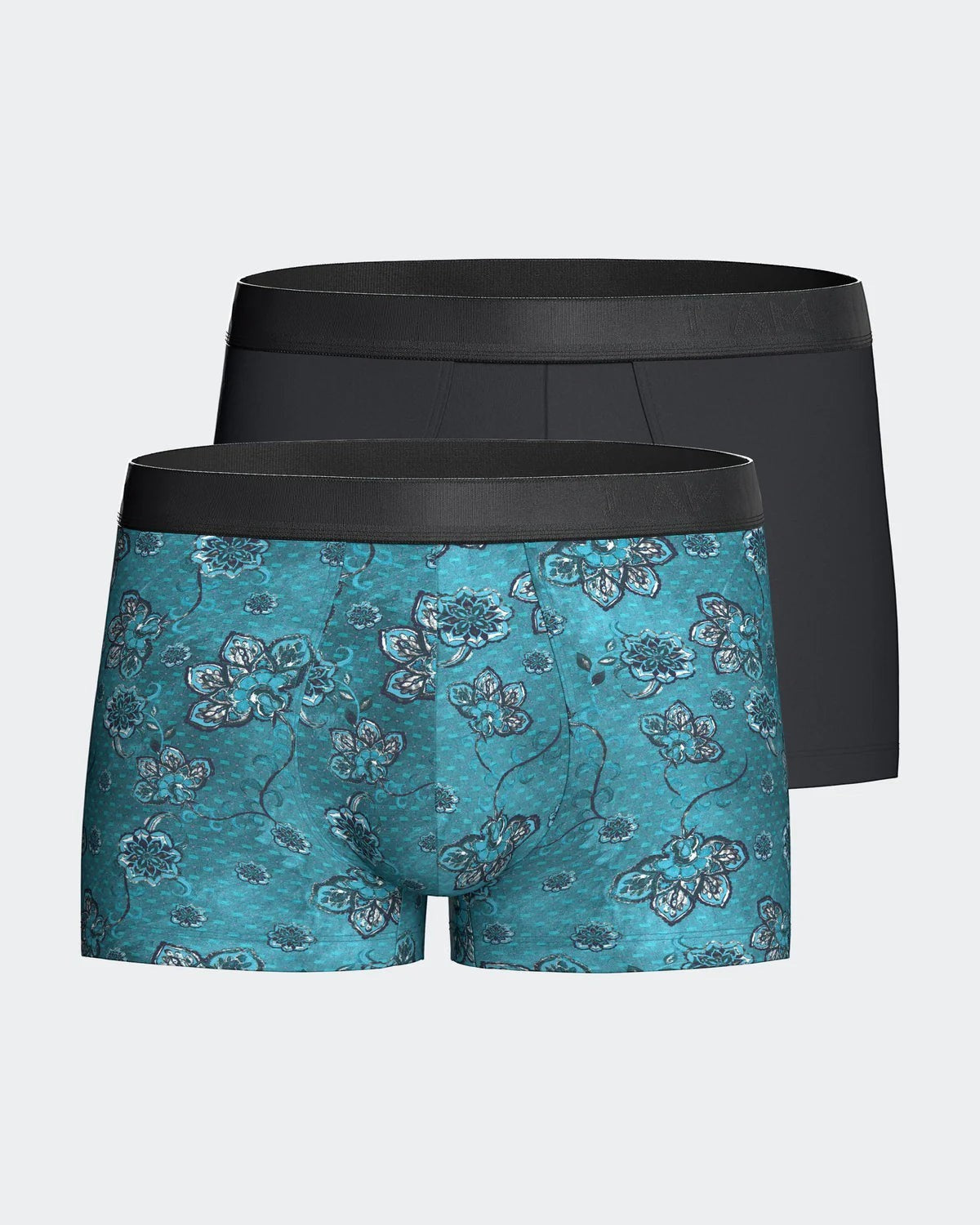Maison Sarava pack of 2 men's boxers: one in teal with a floral print, one plain navy blue. Made from TENCEL Lyocell.