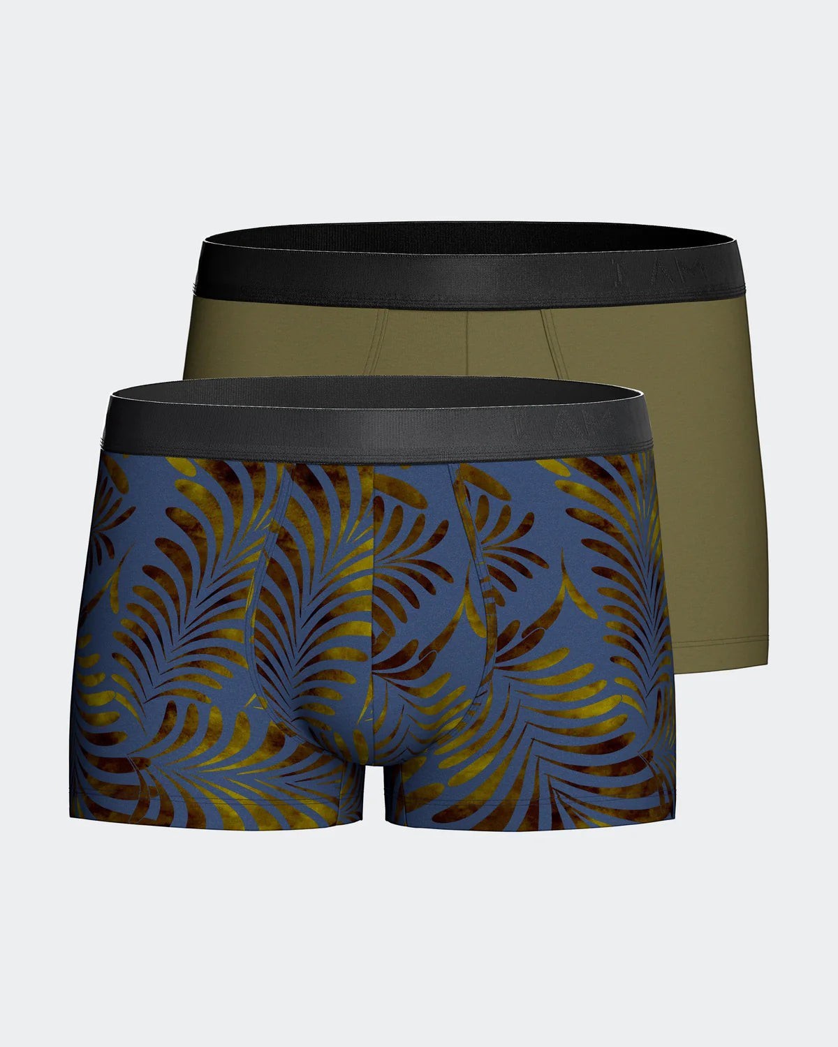 Maison Sarava pack of 2 men's boxers: one blue with tropical print, one plain khaki. Made from TENCEL Lyocell.