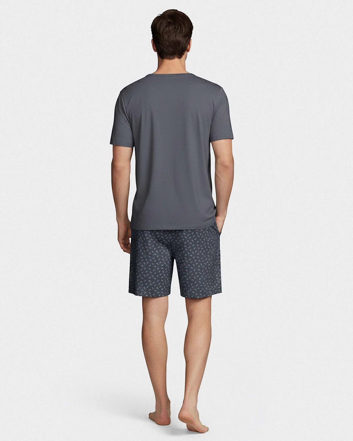 Maison Sarava men's dark grey lyocell short sleeve V-neck top and printed shorts loungewear set.