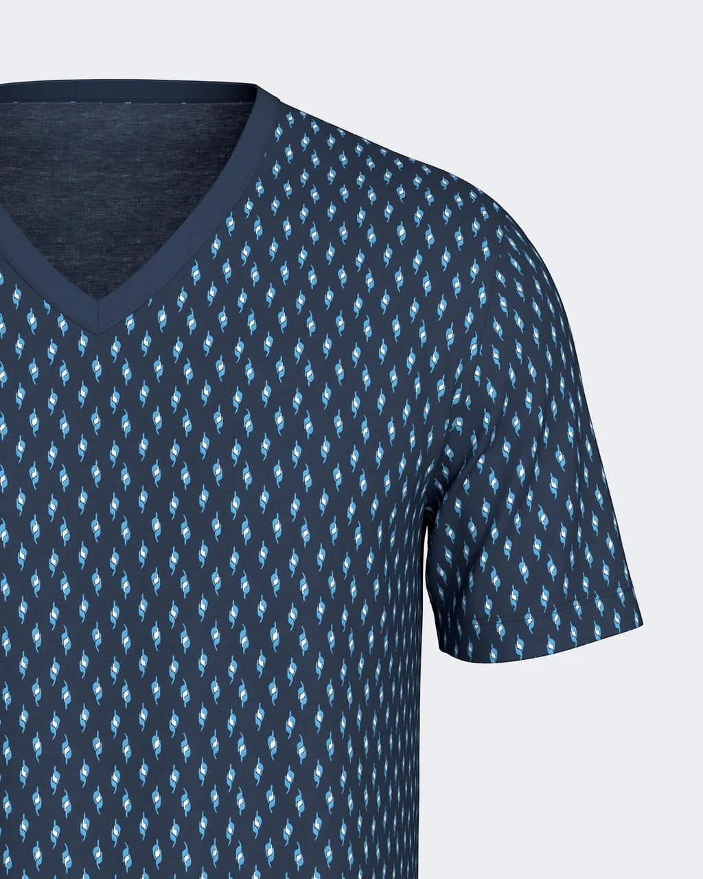 Maison Sarava men's navy blue cotton short sleeve v-neck t-shirt with a repeating light blue and white diamond pattern.