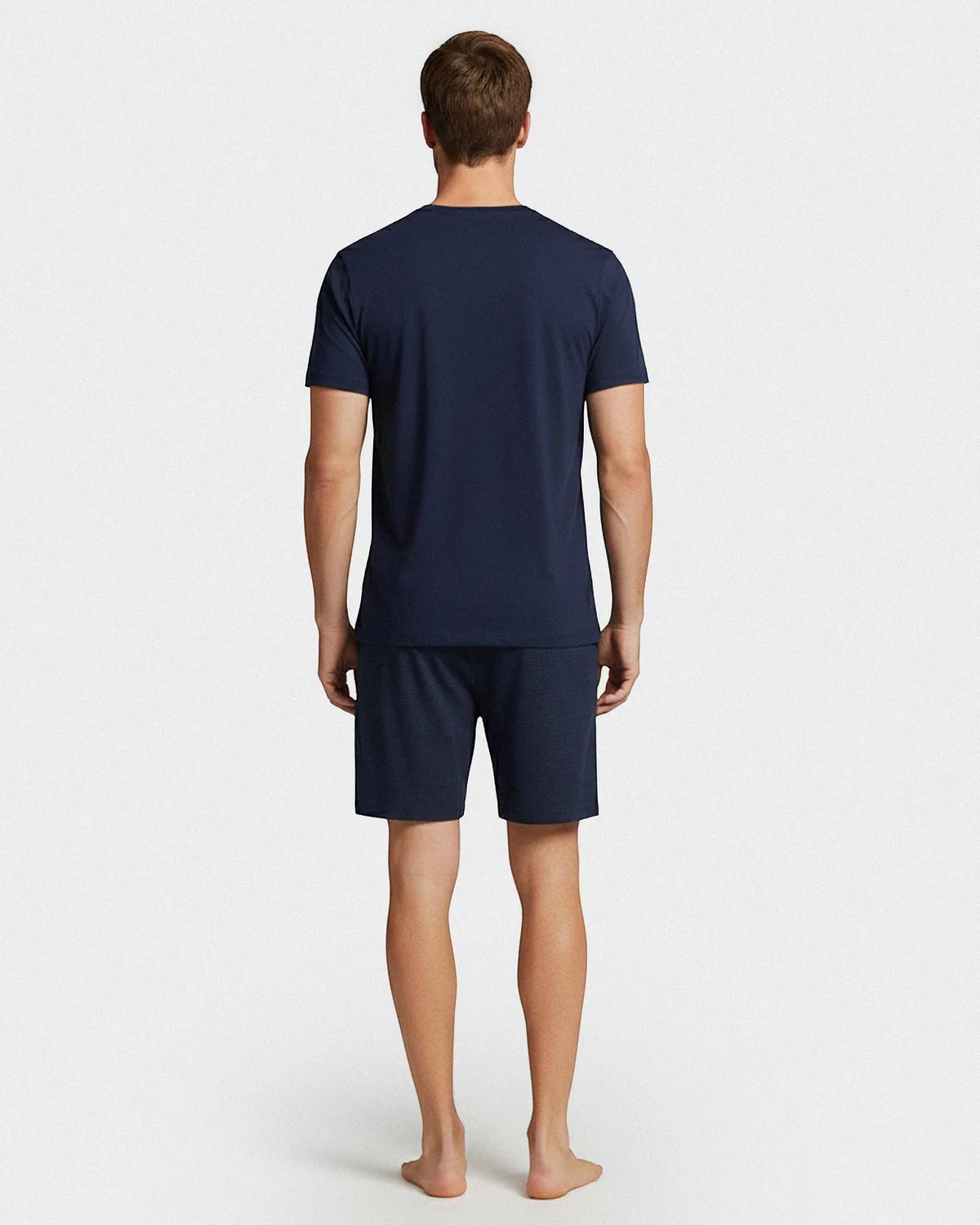 Maison Sarava men's navy blue cotton modal lounge set with short sleeves and shorts.