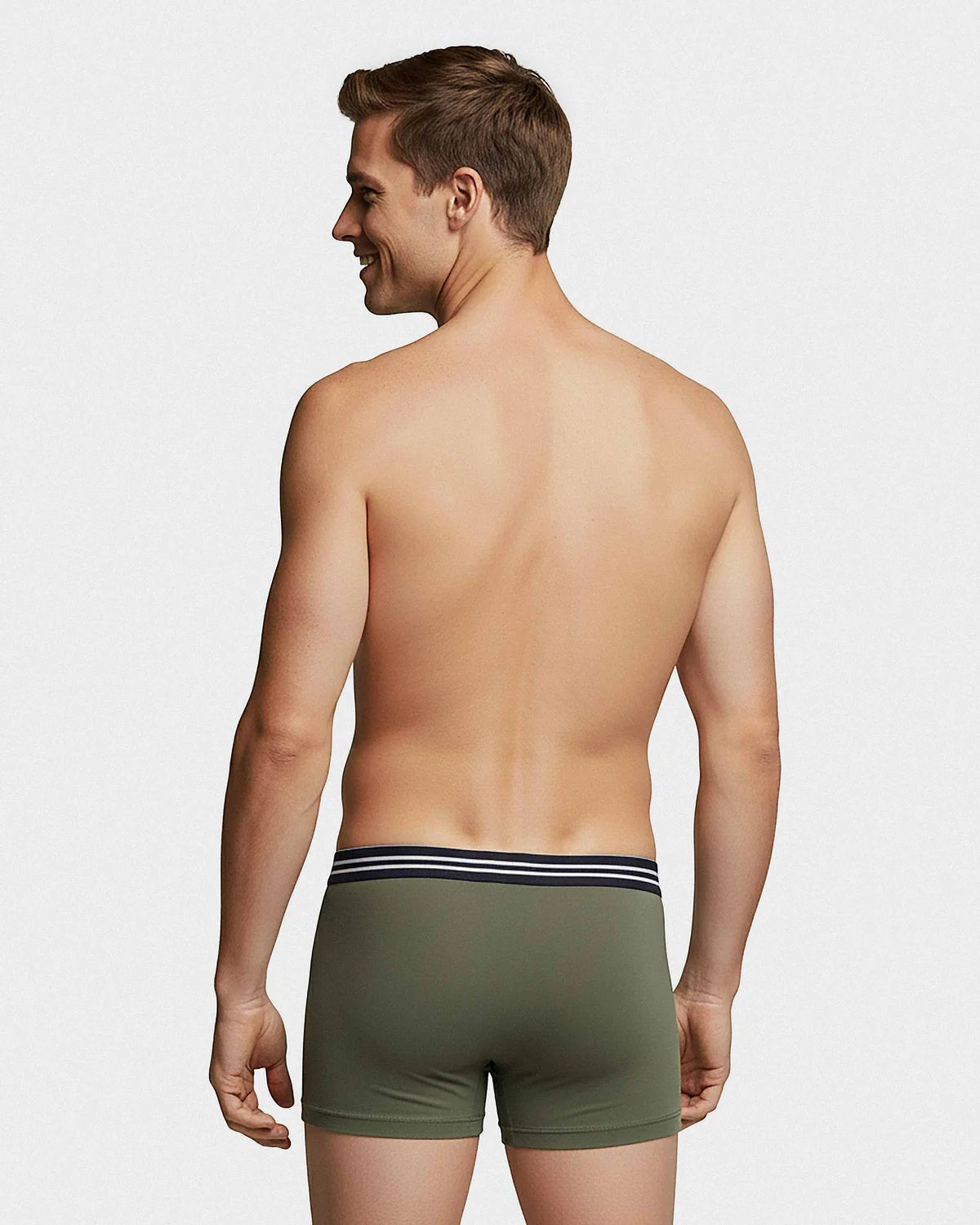 Maison Sarava men's olive green cotton boxer briefs with a navy and white striped waistband.