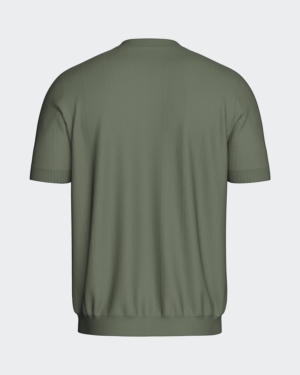 Maison Sarava men's olive green textured knit short sleeve sweater with crew neck and ribbed hem.