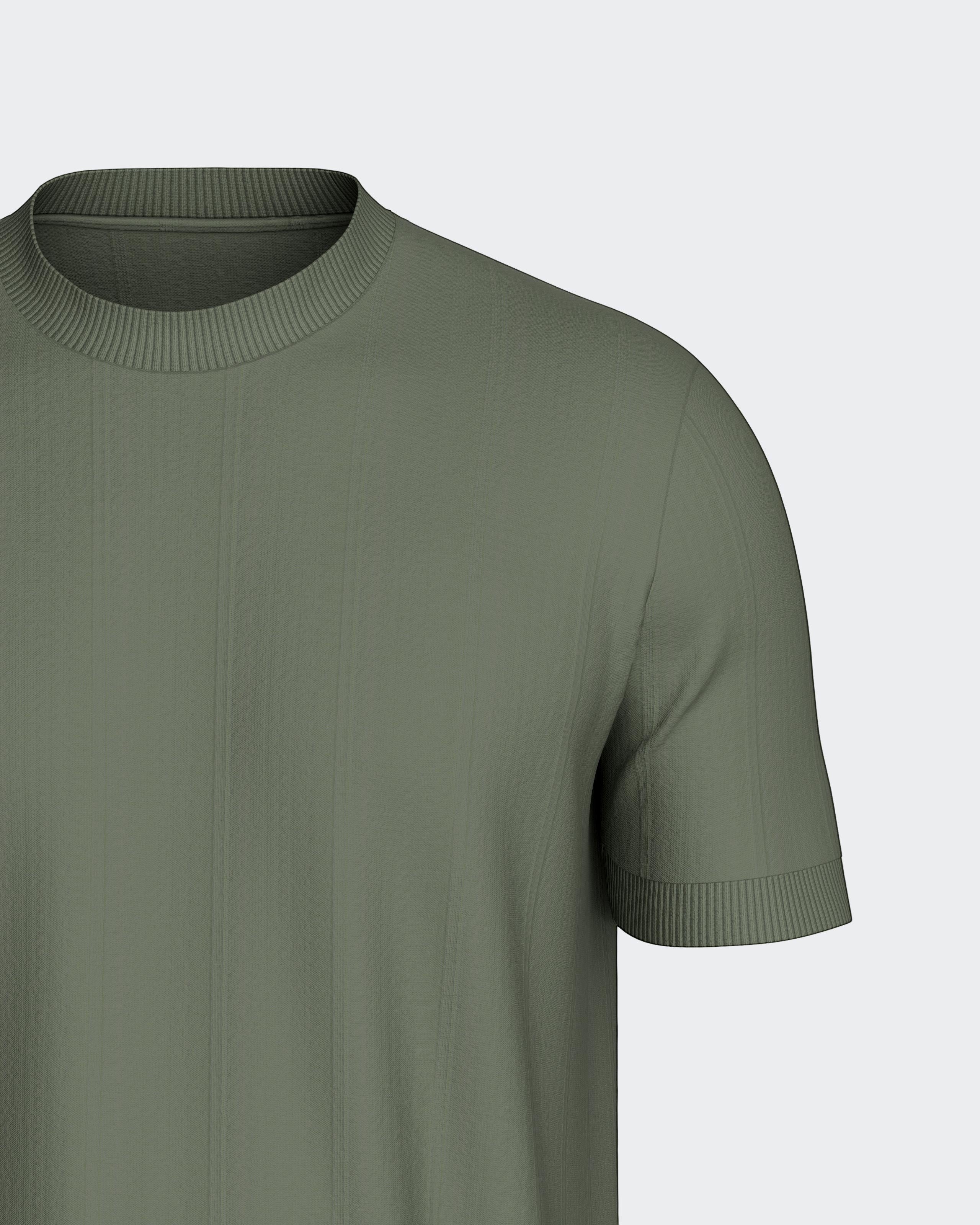 Maison Sarava men's olive green textured knit short sleeve sweater with crew neck and ribbed cuffs.