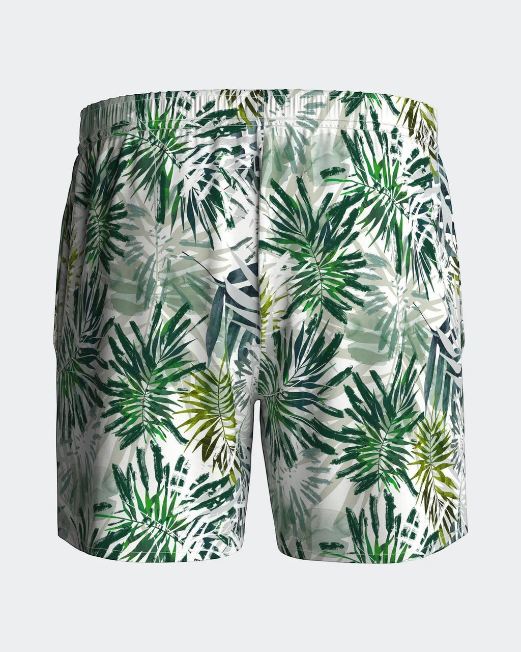 Maison Sarava men's white polyester beach shorts with green palm leaf print, elastic waist, and side pockets.