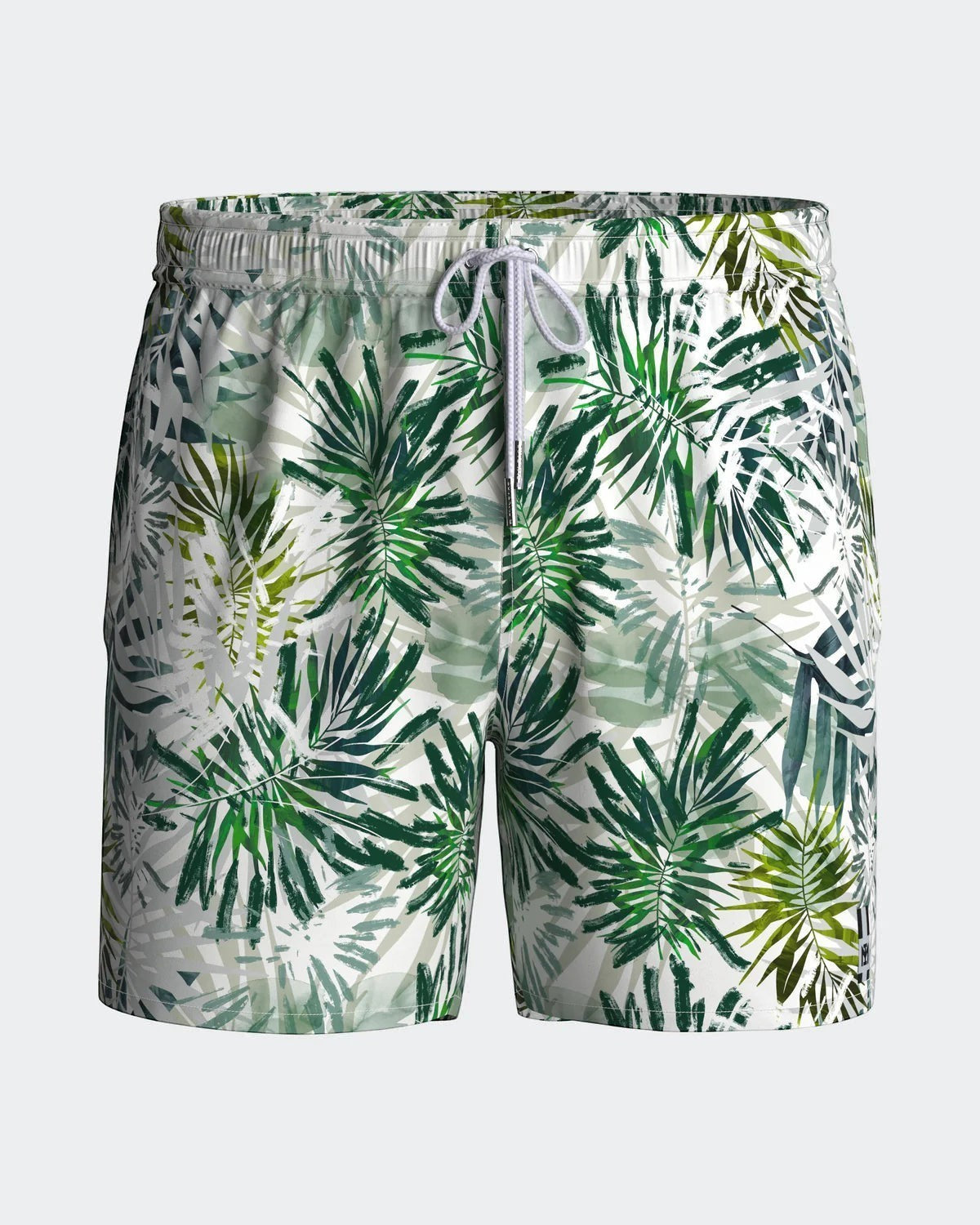 Maison Sarava men's white and green palm leaf print swim shorts with drawstring waist and inner mesh lining.