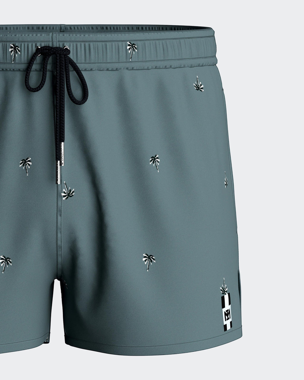Maison Sarava men's slate grey swim shorts with a subtle tropical palm tree micro-motif and adjustable drawstring.