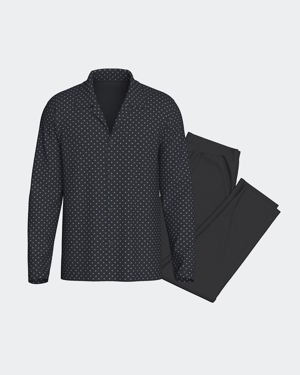 Maison Sarava men's dark grey long sleeve pyjama set with subtle micro-print shirt and plain trousers. 100% organic cotton.