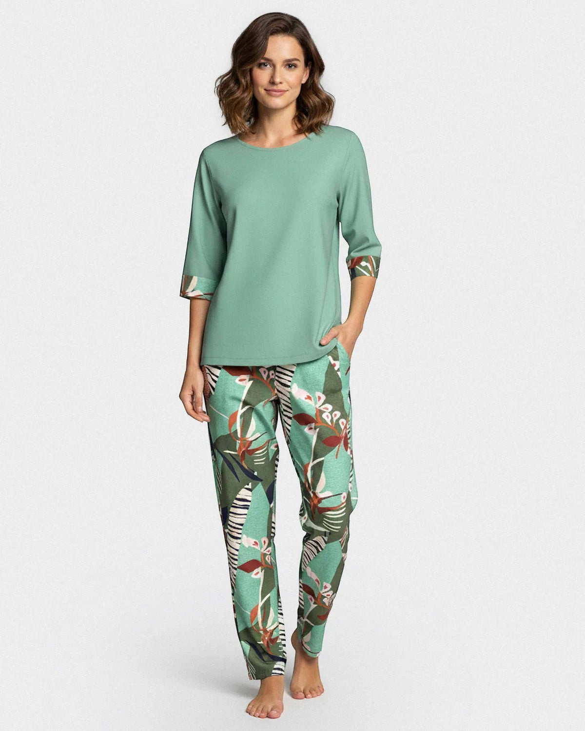 Maison Sarava women's mint green modal lounge set with 3/4 sleeves and tropical print pants.