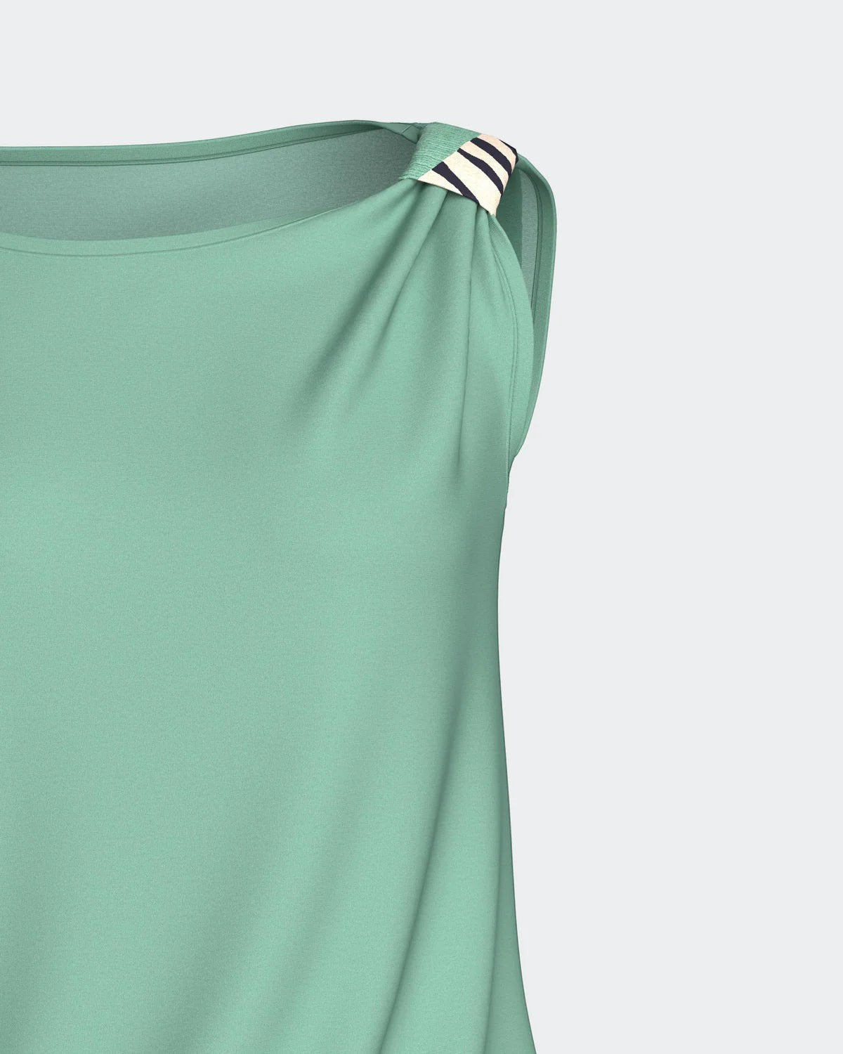 Maison Sarava women's mint green modal short sleeve lounge top with draped shoulder detail and striped accent.