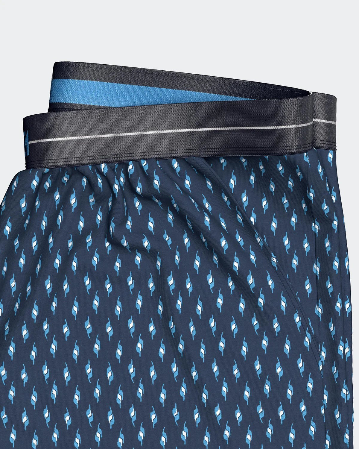 Maison Sarava navy blue 100% cotton lounge shorts with geometric print and elasticated waistband.