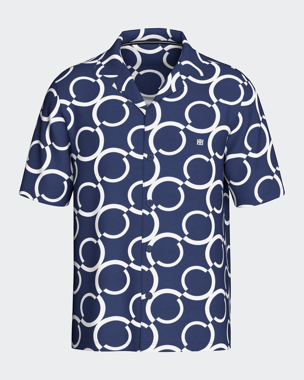 Maison Sarava navy and white geometric print short sleeve resort shirt with open collar.