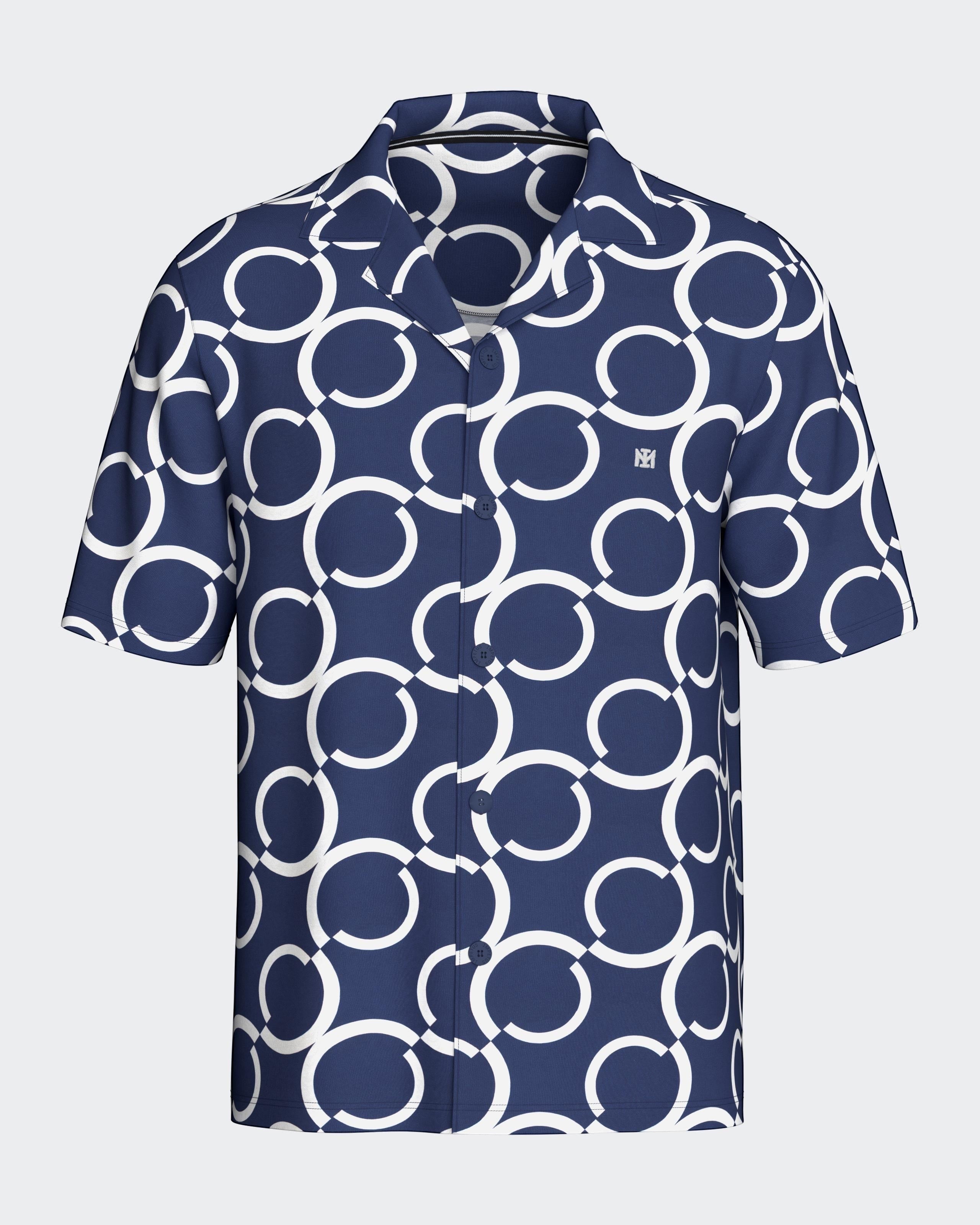 Maison Sarava navy and white geometric print short sleeve resort shirt with open collar.