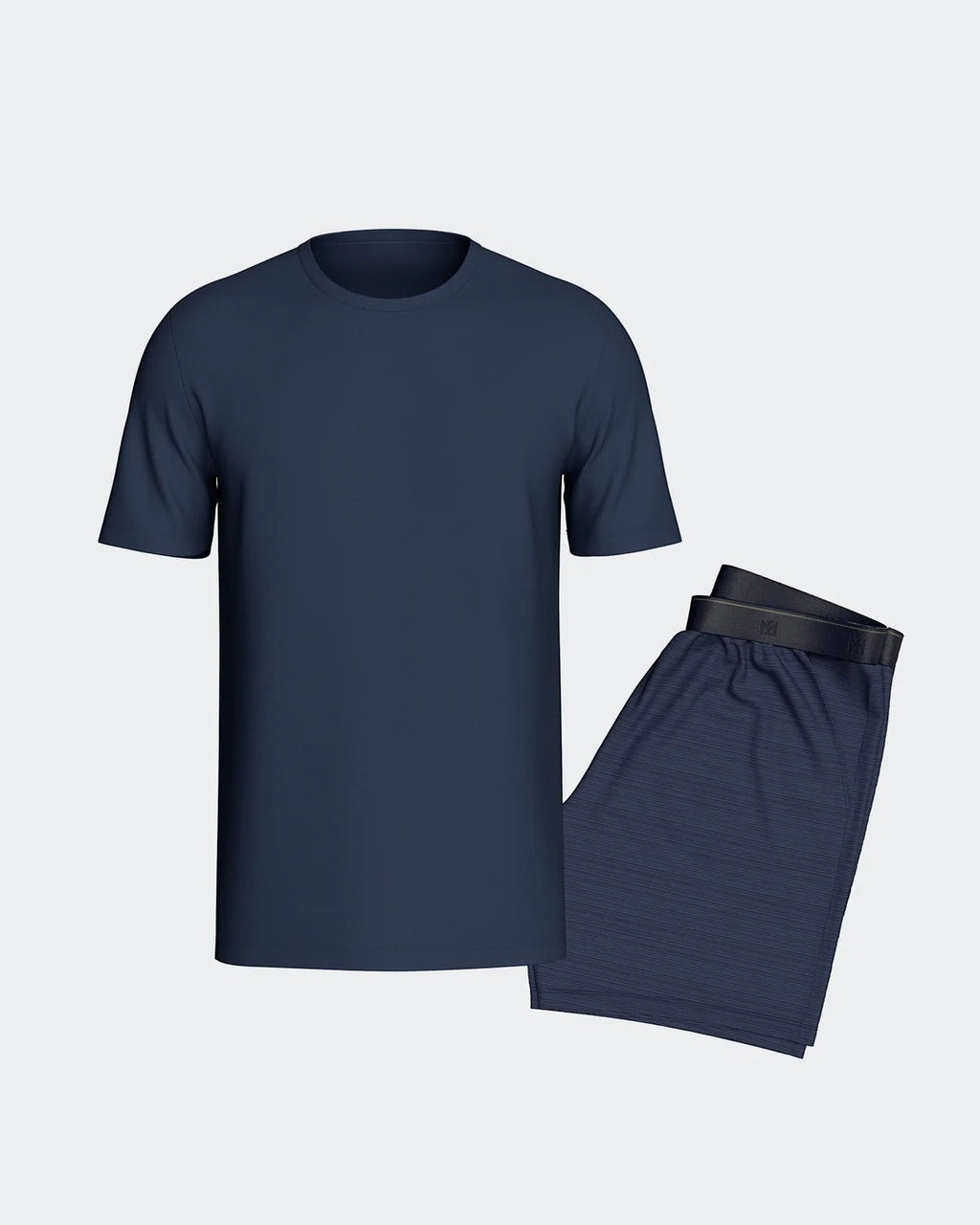 Maison Sarava navy blue TENCEL™ Modal short sleeve lounge set with a plain top and textured shorts.