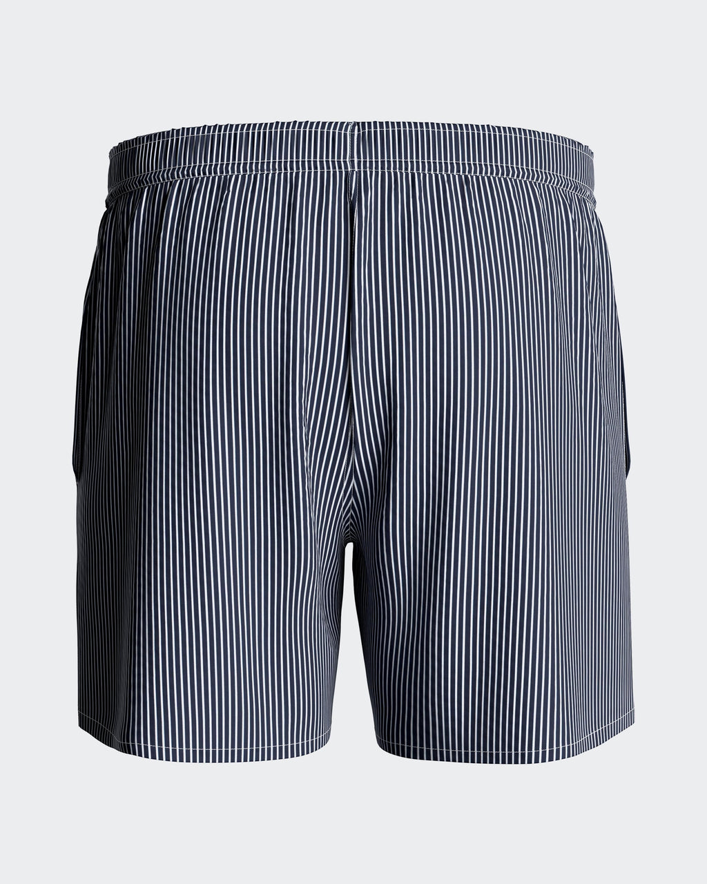 Maison Sarava men's navy and white striped swim shorts with drawstring and side pockets.