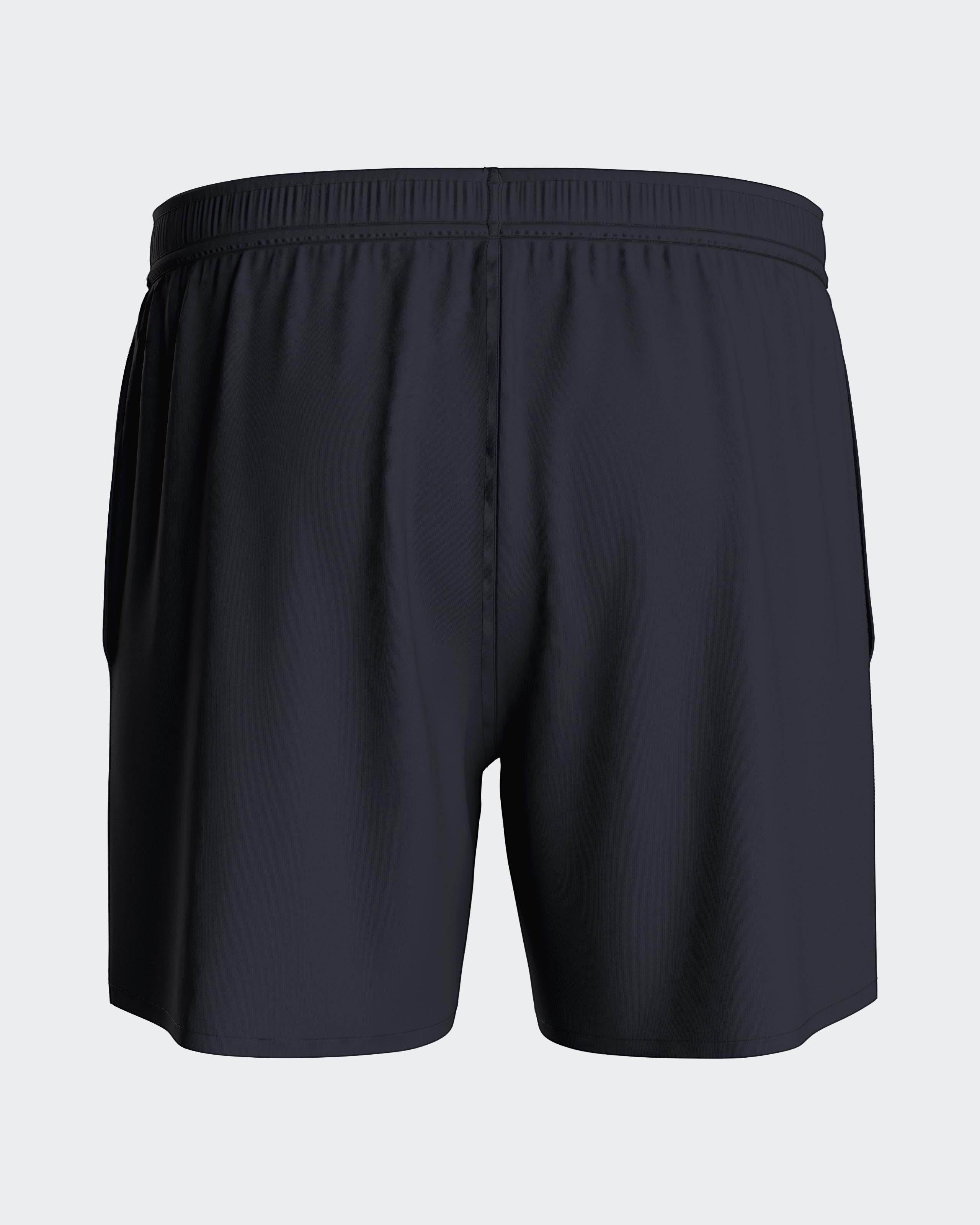 Maison Sarava men's navy blue polyester swim shorts with adjustable drawstring waist, side pockets, and inner mesh lining.