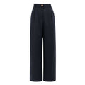 Maison Sarava navy wide leg pleated trousers with a button closure and high waist.