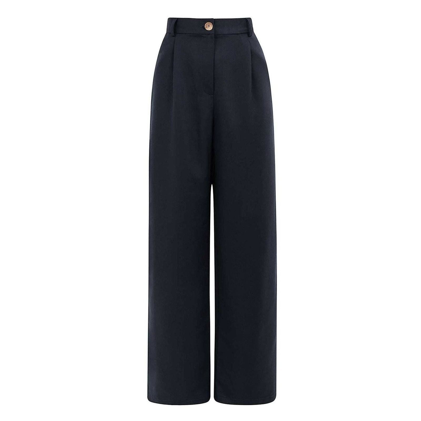 Maison Sarava navy wide leg pleated trousers with a button closure and high waist.