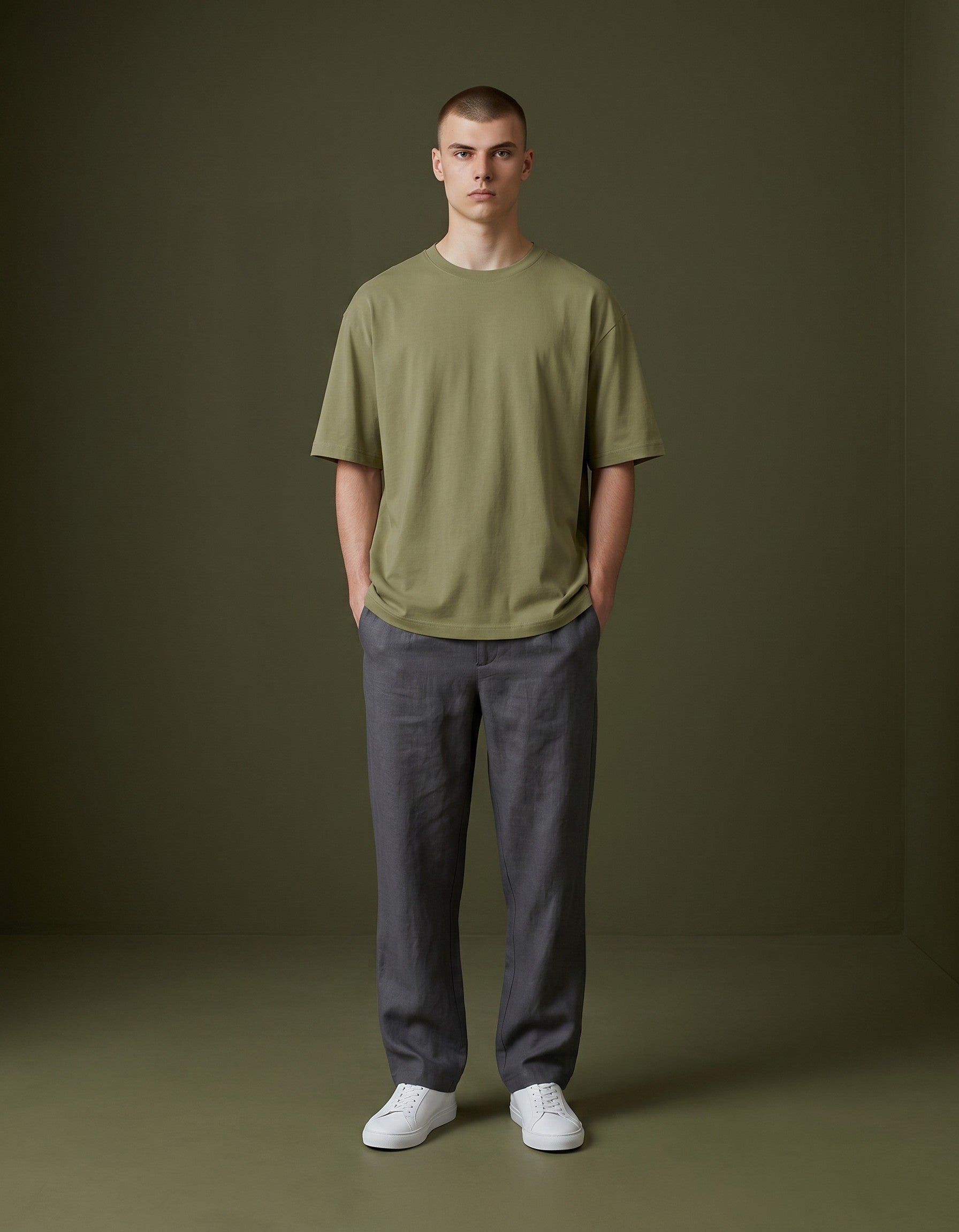 Maison Sarava olive green mercerized cotton t-shirt for men with round neckline and relaxed fit.