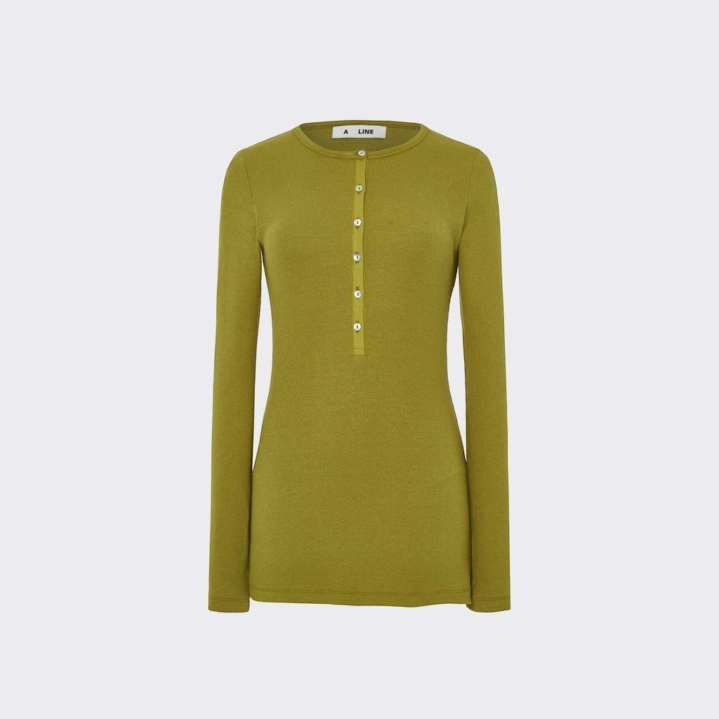 Maison Sarava women's olive green ribbed-jersey long-sleeve henley top with button placket.