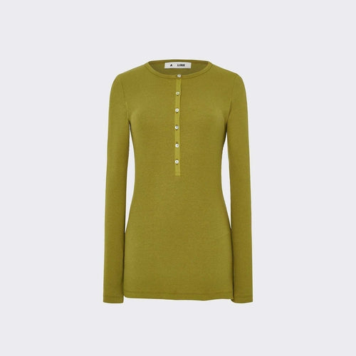 Maison Sarava women's olive green ribbed-jersey long-sleeve henley top with button placket.