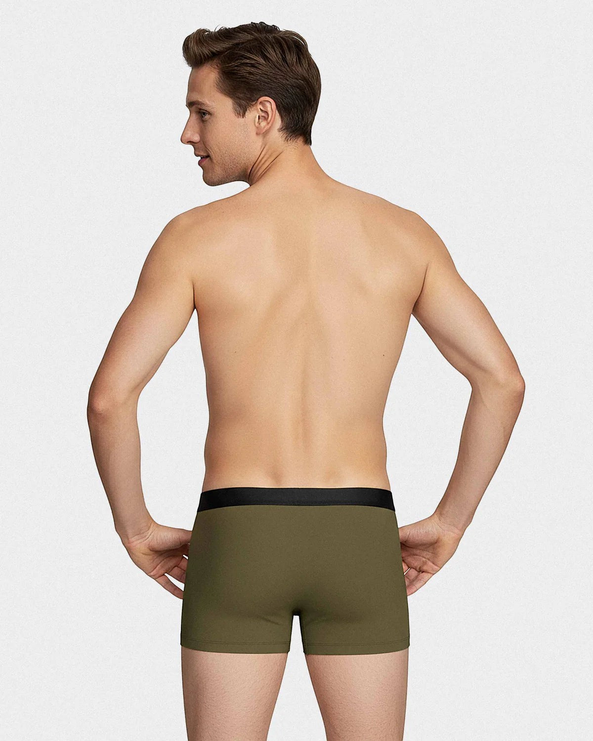 Maison Sarava men's olive green lyocell boxer briefs with black elastic waistband. Comfortable and breathable fabric.