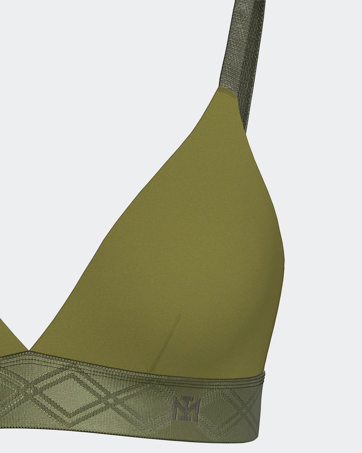 Maison Sarava olive green Lyocell triangular bra with adjustable satin straps and a patterned elasticated band.