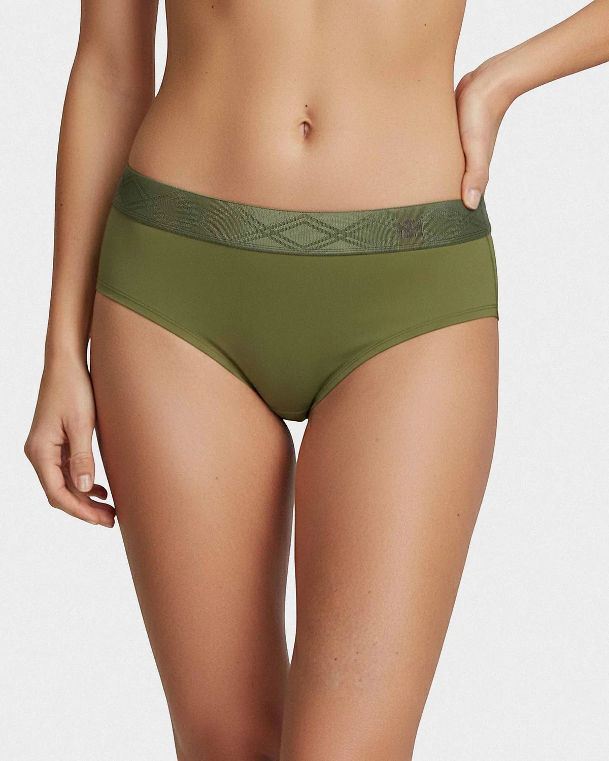 Maison Sarava women's olive green briefs in Lyocell with a satin elasticated waistband featuring a diamond pattern.